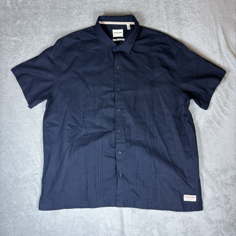Scotch & Soda Men's 2XL XXL Button Up‎ Shirt Navy Blue Linen Blend